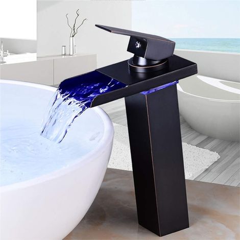 LED Faucet Bathroom Faucet Waterfall Basin Faucet Single Handle Mixer Tap with Temperature Sensor Hydroelectric Power (Black High)