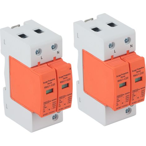Lot de 2 parafoudres SPD RMU1-C20 2P 420V AC, disjoncteur protection circuit domicile, boîtier PC anti-flamme rails (1/5)