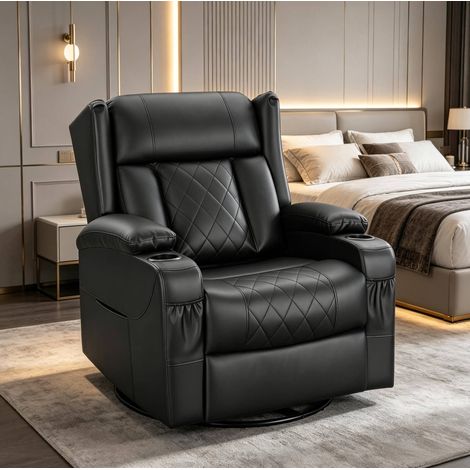 Fauteuil relax inclinable en cuir régénéré noir, pivotant à 360° avec repose-pieds et dossier réglable, fonction bascule, poches et porte-gobelets, 87 x 94,5 x 103,5 cm – CHICFURN (1/5)