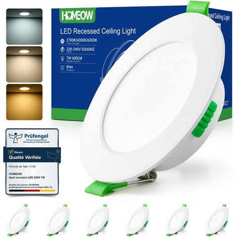 Spot LED Encastrable Dimmable 7W, 220V Spots de Plafond Extra Plat, Spot Salle de Bain IP44, Reglable Blanc Chaud 2700K Blanc Neutre 4000K Blanc Froid 6000K, Trou Φ75-90mm, Lot de 6