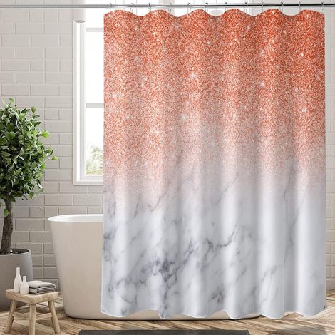 Extra langer Duschvorhang in orangefarbener Marmoroptik (72 x 84 Zoll) mit Haken – wasserdicht, abstrakt glänzende Oberfläche (ohne Pailletten/Glitzer) – kompatibel mit Standard-Duschvorhangstangen