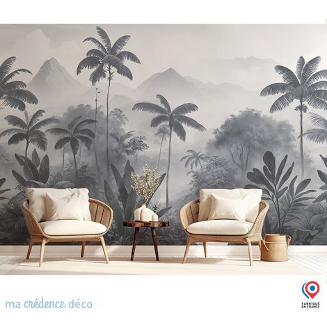 Papier peint : Fresque tropicale et montagne, Aquarelle - Intissé - L.200 x H.280 cm - Vert émeraude (1/3)