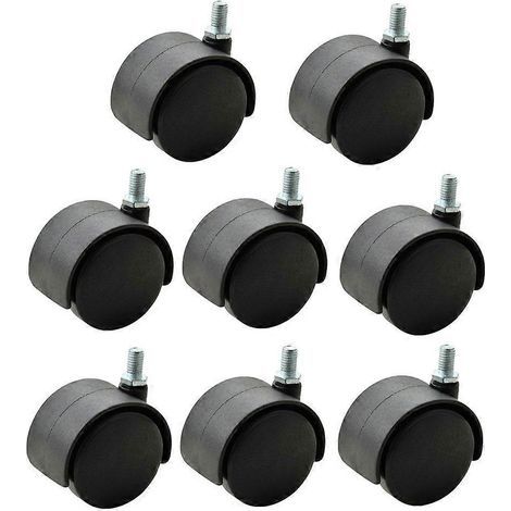 Set mit 8 geräuschlosen Universal-Lenkrollen (5 cm Durchmesser) mit M8-Schrauben, schwarzer Kunststoff, für Bürostühle. – 7,55 cm – Schwarz (1/4)