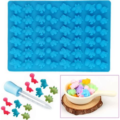 Moule à gâteau en silicone dinosaure, 48 petits moules à bonbons gélifiés dinosaures pour la cuisson de gâteaux, mousses, puddings au chocolat, bleu (1/5)