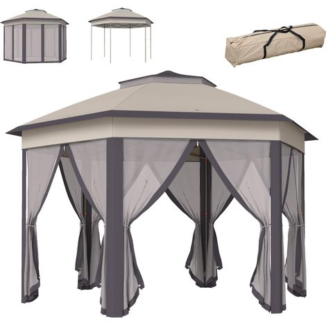 Tente pliante 4 x 3,4 m avec double toit, 6 moustiquaires amovibles et sac de transport anti-UV, marron et beige