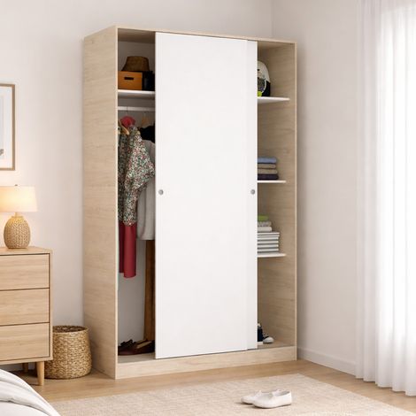 Dmora - Kleiderschrank Denali, Garderobe für Schlafzimmer, Kleiderschrank mit 2 Schiebetüren, 120x50h204 cm, Weiß und Eiche (1/5)