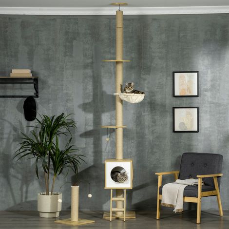 Arbre à chat sol-plafond réglable 225-285 cm, poteau à griffer 4 niveaux, niche, hamac, échelle, jeux, beige (1/5)