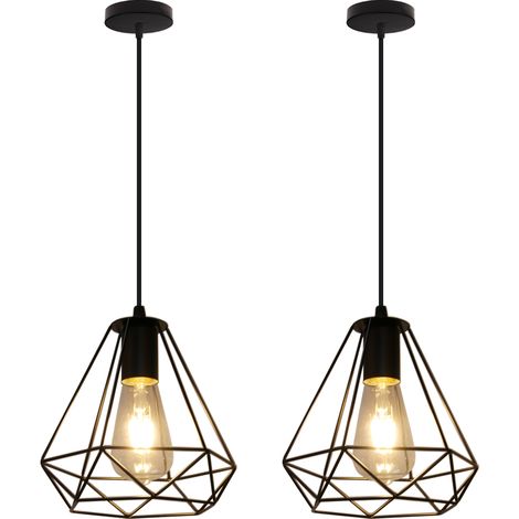 Lampada a Sospensione, Vintage Lampadario da Soffitto in Metallo, Ø20cm Diamante Paralume con E27 Base per Soggiorno Camera da Letto a Isola Cucina Nero 2 Pezzi