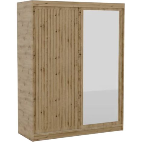 Armoire coulissante BIZEN avec lames décor bois et miroir – Moderne et chaleureux 160 cm-Beige-Largeur 160 cm (1/5)