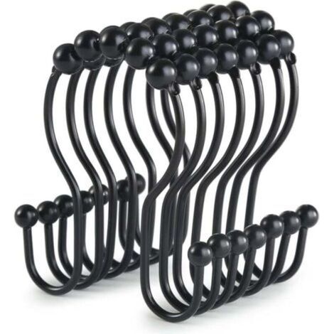 Lot de 12 crochets de rideau de douche noirs, anneaux de rideau de douche antirouille, anneaux de rideau de douche double couche, conception anti-chute coulissante (noir) (1/4)