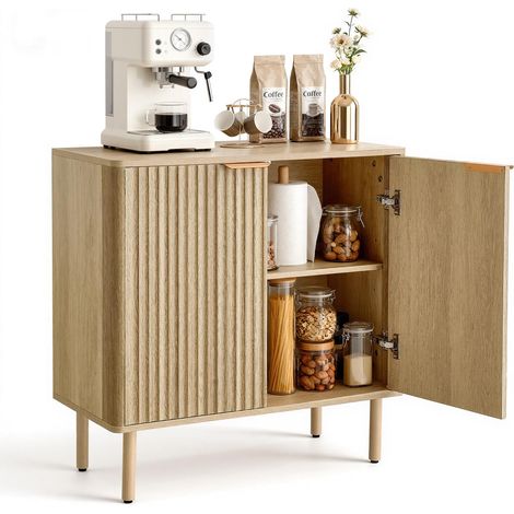 Buffet à 2 Niveaux, Meuble de Rangement Cuisine avec 2 Portes, Meuble Coin Café avec Rangement, Enfilade de Style Milieu du Siècle, pour Salon et Entrée, 80 x 37,5 x 80 cm, Couleur Chêne (1/5)