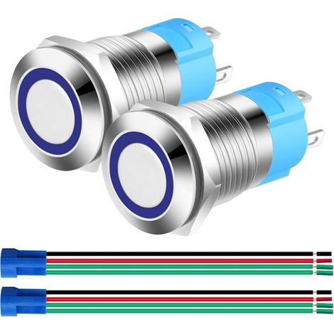 2pcs 12mm Bouton Poussoir Momentané en Acier Inoxydable, 12V-24V 3A Normalement Ouvert SPST on Off Bouton à Levier Étanche avec Fiche à Douille (LED Bleue) (1/5)