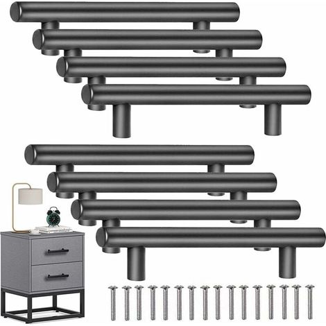 Shao Hua 8 Pcs T-Bar Kitchen Cabinet Door Handles with Screws (200mm), Stainless Steel, 128mm Hole Center Distance, for Kitchen Cabinets, Black (1/5)