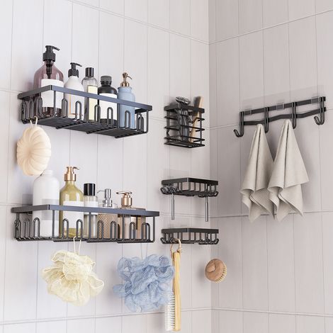 Set de 6 Paniers de Salle de Bain Muraux Adhésifs, Sans Perçage, en Métal Noir, avec Crochets, pour Douche et Salle de Bain, Organisation Complète (1/2)