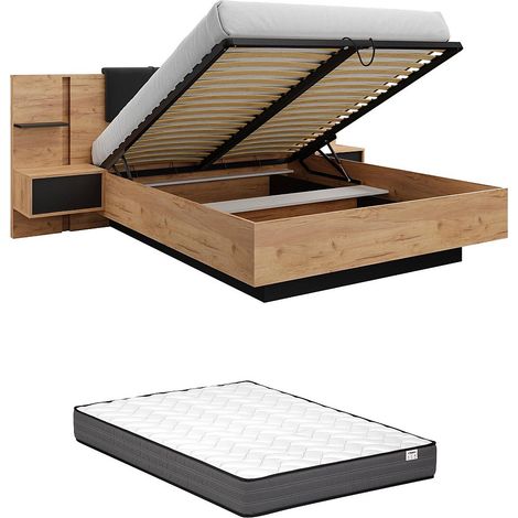 Vente-Unique – Lit coffre 160 x 200 cm avec chevets et LEDs – Panneau de particule mélaminé – 2 tiroirs et étagères – Matelas ressorts ensachés inclus