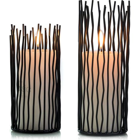 Lot de 2 bougeoirs pilier en métal, bougeoirs de table électroniques noirs sans flamme à LED, chandelier en métal pour centres de table, décorations de manteau de Noël pour la maison, le mariage (20 c