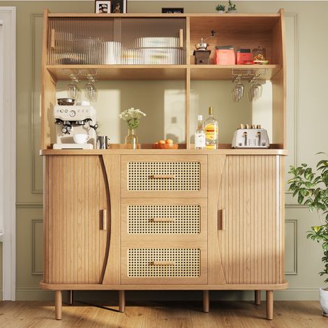 Aparador de cocina 174,5 cm – Mueble alto con efecto ratán y puertas correderas de vidrio, vitrina expositor almacenamiento, color madera natural/nogal (1/5)