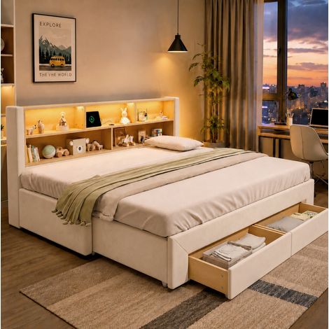 Cama nido extensible (201x108.5x83 cm), con cajones, puertos USB y LED, terciopelo beige (1/5)