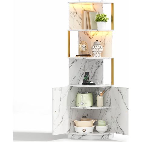 Meuble d'angle avec LED et prises, buffet haut 2 portes, armoire de rangement 38x38x180 cm pour cuisine et salon, blanc (1/5)