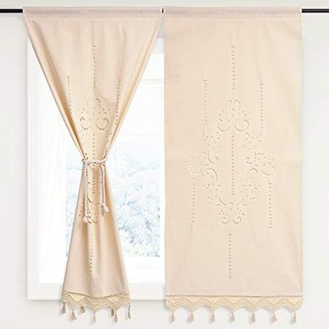 Aougo – White cotton embroidered lace kitchen curtain – 70% cotton, 30% linen – 70x150cm – Simple floral design with crochet border – 2 panels (1/5)