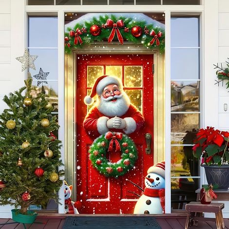 Stickers de porte de Noël, décorations de porte Père Noël, décorations de fête du Nouvel An, décorations de fêtes, bannières/décorations de porte - 90 x 180 cm (avec trous et ruban) - 7