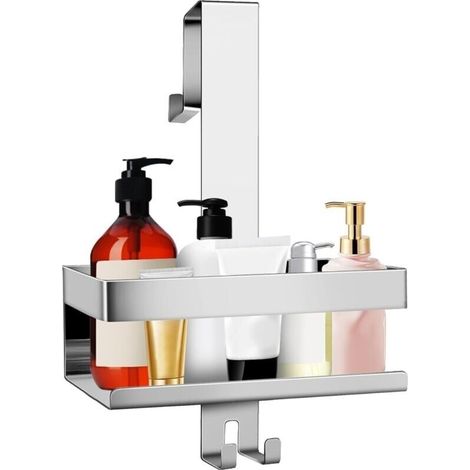 Étagère de douche à suspendre, avec crochets, réglable, sans perçage, 1 pièces, pour porte en verre sans cadre, argentée