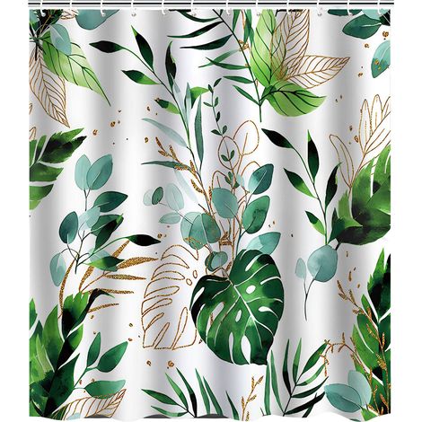 Juego de cortina de ducha estilo bohemio de los años 50 - Elegante estampado abstracto verde, acuarela tropical, decoración moderna para el baño con ganchos - Tela lavable
