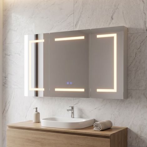 Badezimmerschrank mit Spiegel 100,4x13,5x60 cm, 3 Türen, Hängeschrank mit LED, Anti-Beschlag, Steckdose und USB, Holz, Weiß