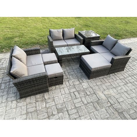 Fimous Lounge Poly Rattan Gartenmöbel Set für den Garten mit Couchtisch Doppelsitz-Sofa 3 Hocker Beistelltische Dunkelgrau Gemischt (1/5)