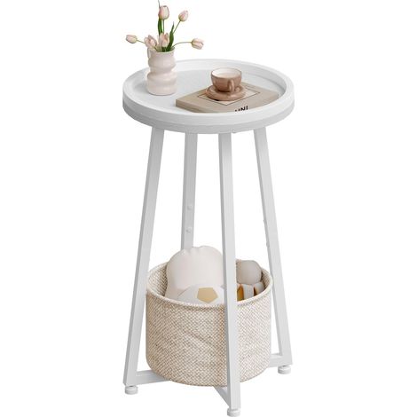 Table d’Appoint Ronde à 2 Niveaux, Petit Bout de Canapé avec Panier en Tissu, Table à Café avec barrière et Corbeille Beige, pour Petits espaces, Salon, Chambre, dortoir, Blanc (1/5)