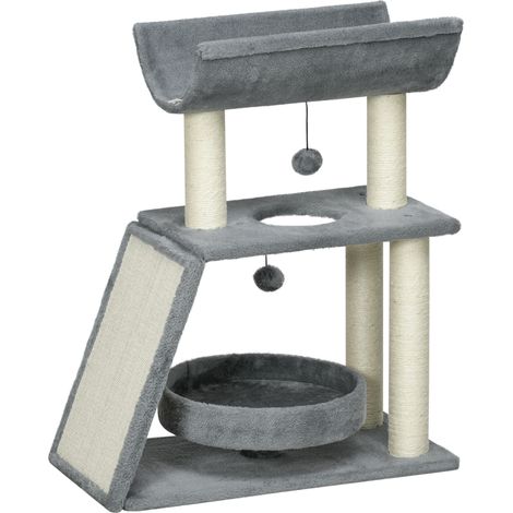 Arbre à chat miniature avec poteaux en jute, plateforme en forme de U, coussin moelleux et jouets suspendus, 60 x 30 x 76 cm, gris clair (1/5)