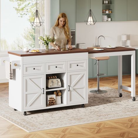 Îlot de cuisine 131.5x40x92 cm blanc en MDF avec plateau extensible et rotation 360° (1/5)
