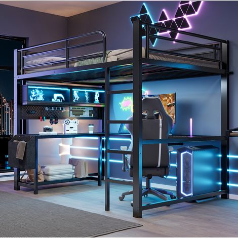 Letto a soppalco 140x200 cm in MDF e metallo nero con scrivania, salvaspazio – MEUBLIV (1/5)