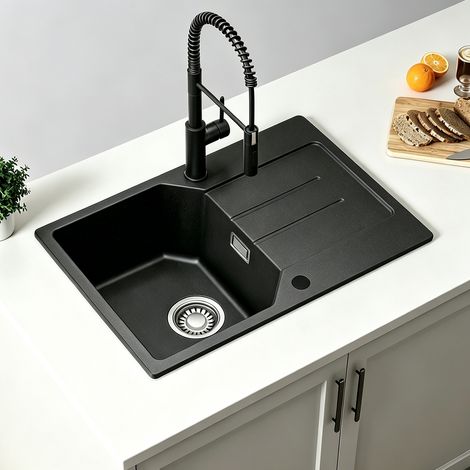 Anycee Max Évier en granit - 65 x 45 cm Évier en granit de haute qualité avec égouttoir et fonctionnement silencieux, anthracite (1/5)