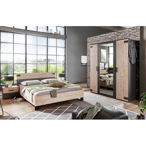 Chambre à coucher complète adulte (lit 180x200cm + 2 chevets + armoire), coloris chêne -PEGANE- (1/2)