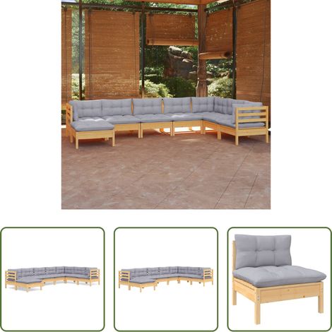 Terrassensofa - 8-tlg. Garten-Lounge-Set mit Grauen Kissen Kiefer Massivholz (1/5)