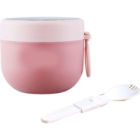 Gobelet petit-déjeuner isotherme en acier inoxydable 304 avec couvercle cuillère pot à soupe lait portable bureau école contenant bouillie rose (1/5)