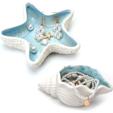 Plateau à bijoux en céramique JeiibrZui - 2 pièces - Motifs mer et coquillage - Porcelaine blanche - Plateau de rangement pour bagues, boucles d'oreilles, clés - Plateau décoratif pour salle de bain, (1/5)