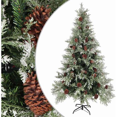 Sapin de Noël Artificiel Vert et Blanc 195 cm avec Pommes de Pin et Support Acier - PANGIVO (1/5)