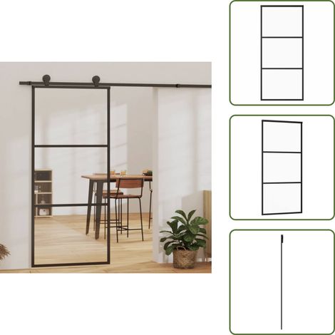 The Living Store Porta Scorrevole in Vetro ESG e Alluminio 90x205 cm Nera - Porta scorrevole in alluminio