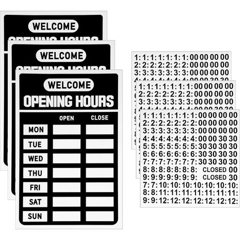 Lot de 3 Panneaux d'horaires d'ouverture pour vitrines, avec Autocollants horaires, pour Magasin et Bureau (Noir) (1/5)