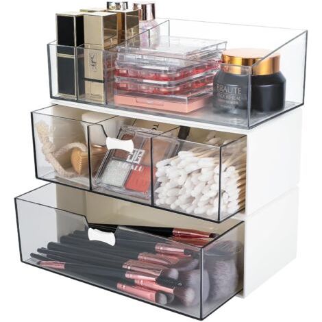 Organisateur de maquillage avec tiroirs - Conception empilable et extensible avec compartiments pour rouge à lèvres - Idéal pour la chambre, la salle de bain et la coiffeuse (1/5)