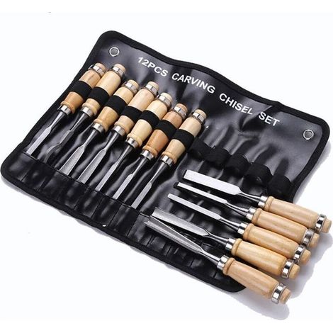 Professional Lot de ciseaux à bois - Eleoption Lot de 12 Sharp outils de travail du bois avec housse de transport - menuiserie couteau à découper kit Idéal pour un Premier temps Wood novice de sculpt (1/5)
