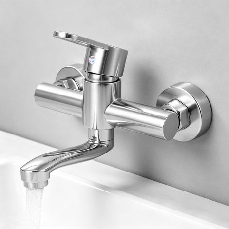 Robinet Mural Cuisine Mitigeur Mural, Inox avec Bec Pivotant 360° 20 cm, Réglage Eau Chaude et Froide Trous Réglables, pour Évier Cuisine Salle de Bain Buanderie (1/5)