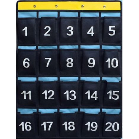 Organiseur de classe à pochettes numérotées, à suspendre à une porte, pour téléphones portables et calculatrices (bleu). (1/5)