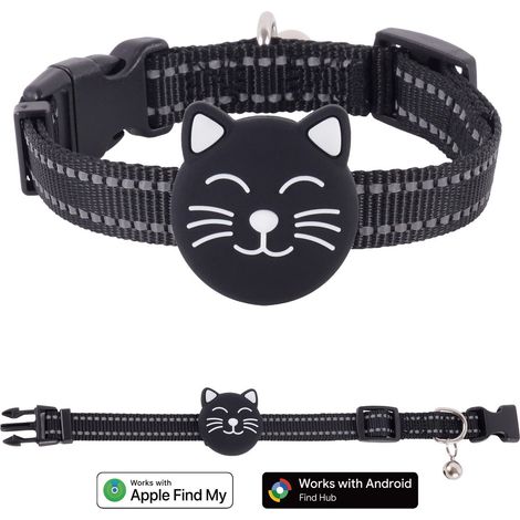 Traceur GPS pour chat - Sans abonnement - Compatible iOS/Android - Étanchéité IP68 - Pile CR2032 (plus d'un an) - Collier en nylon ajustable - Noir (1/5)