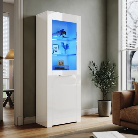 ELEGANT Display Cabinet 600 x 350 x 1650 mm White High Gloss Storage Cabinet with Double 5mm Safety Tempered Glass Shelves, LED Light Sideboard