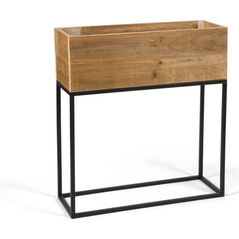 Jardinière en bois recyclé style rustique sur pied métal noir - bois naturel et métal noir (1/3)