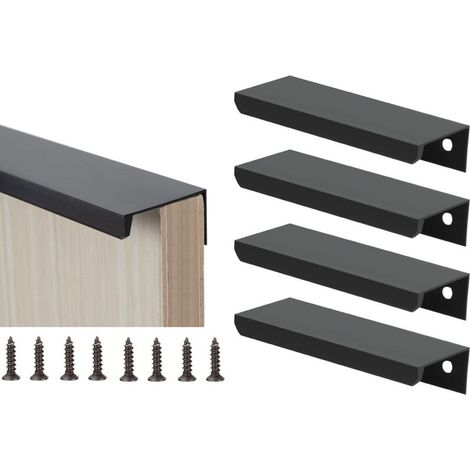 4Pcs Poignée d'armoire Invisible Poignée de Tiroir Dissimulée en Alliage d'aluminium Poignée Profilée Noir Moderne Poignée de Meuble avec 8 Vis pour Armoires de Cuisine, Placard, Tiroir(Entraxe 64mm-L