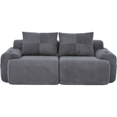 Sofá modular de 2 plazas de tela acanalada gris oscuro con portavasos y bolsillo lateral (1/5)